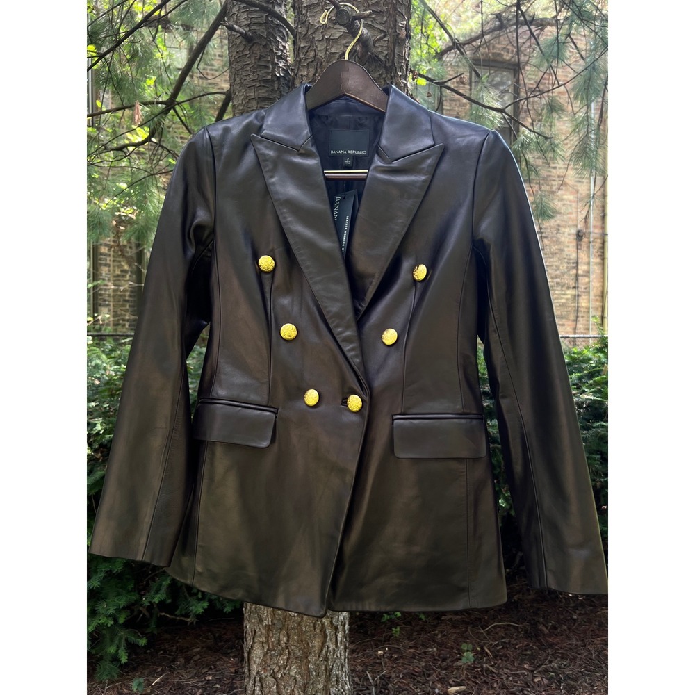 Banana Republic Black Leather Captain's Blazer Double Breasted Gold Button's 2